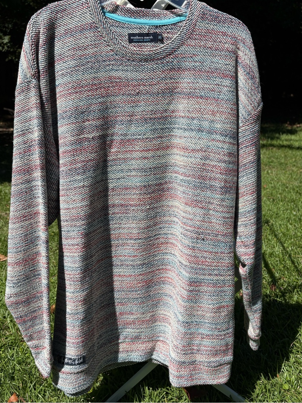 Southern Marsh Women's Heathered MultiStripe Crewneck Sweater in Blue and Red